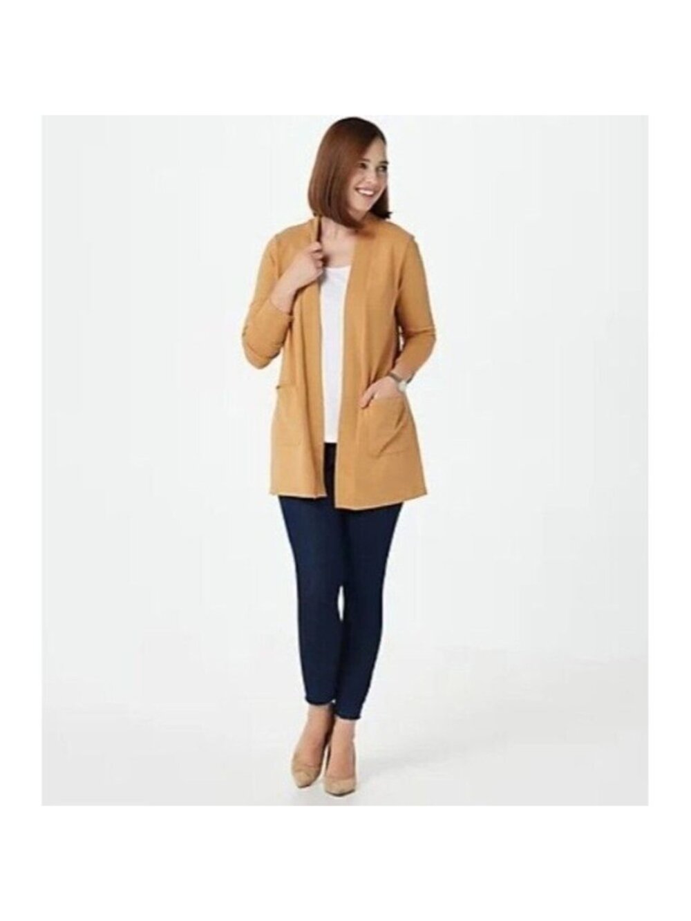 Denim & Co Essentials Cardigan Open Front Pockets Camel Brown S A388935